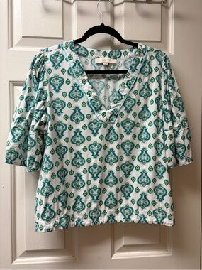 LOFT Teal & Green Printed V-Neck Blouse